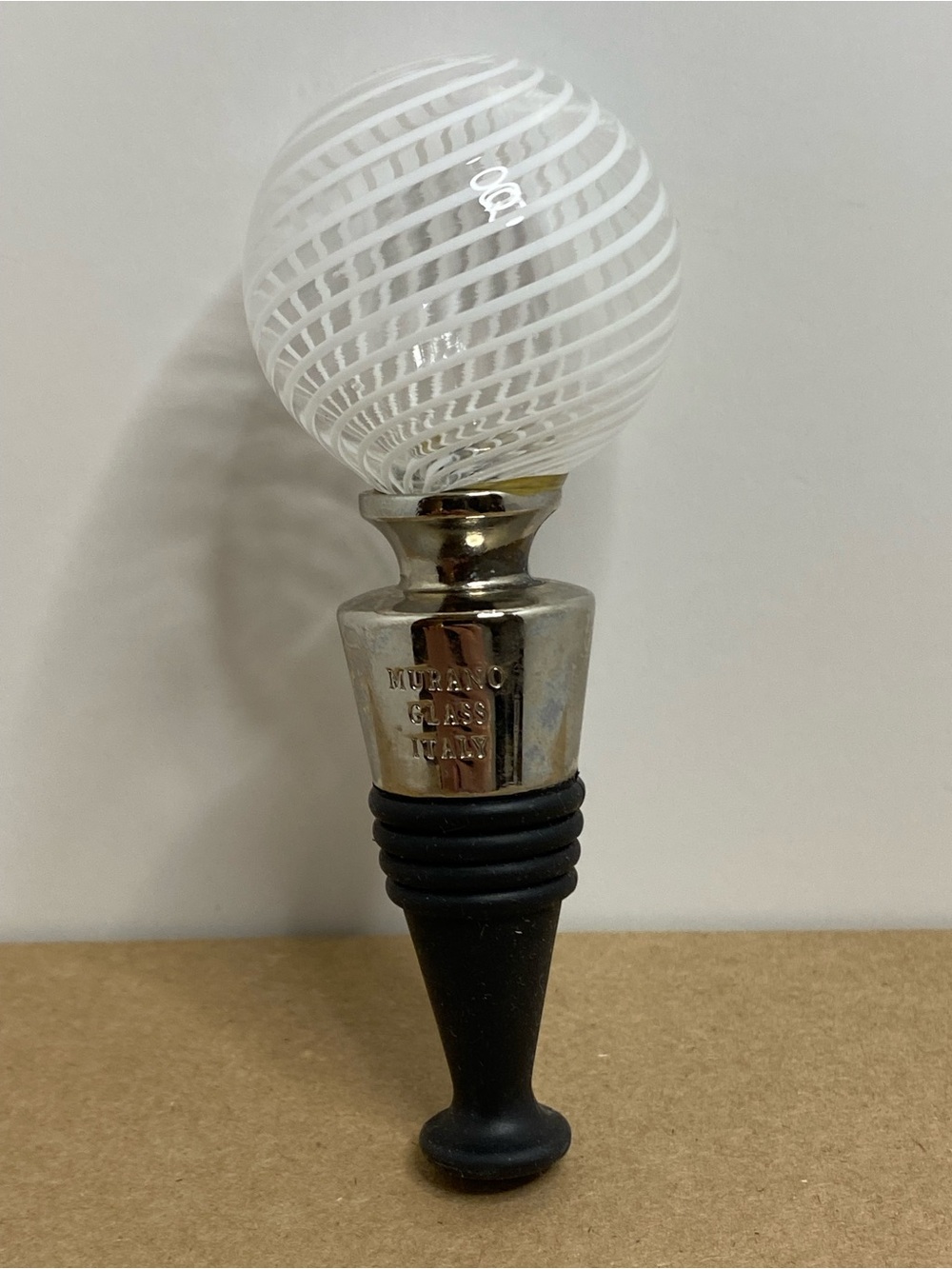 Murano Handblown Art Glass Bottle Stopper White Spiral Swirl Made In Italy